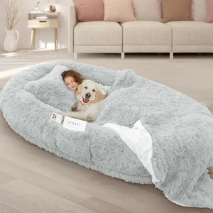 ROOMTEC Human Dog Bed, 71''x45''x12'' Size Fits Adult and Pet Washable Giant People Bed 10 CM Thick Memory Foam Large Oversize Pet Bed with Plump Pillow, Blanket, Strap - Grey